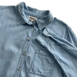 Hester & Orchard Womens S Light Blue Denim Rhinestone Collar Button Front Blouse